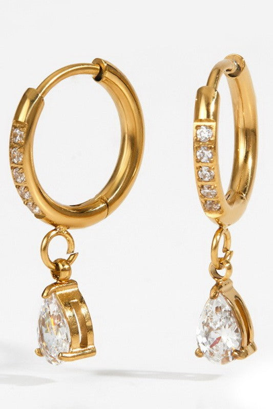 18K Gold CZ Pavé Huggie Hoop Earrings with Teardrop Charm