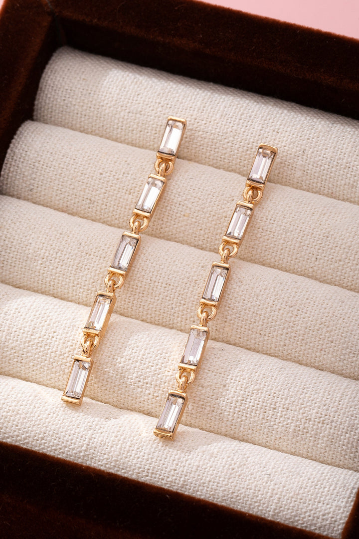 Gold Graduated Baguette Crystal Linear Drop Earrings