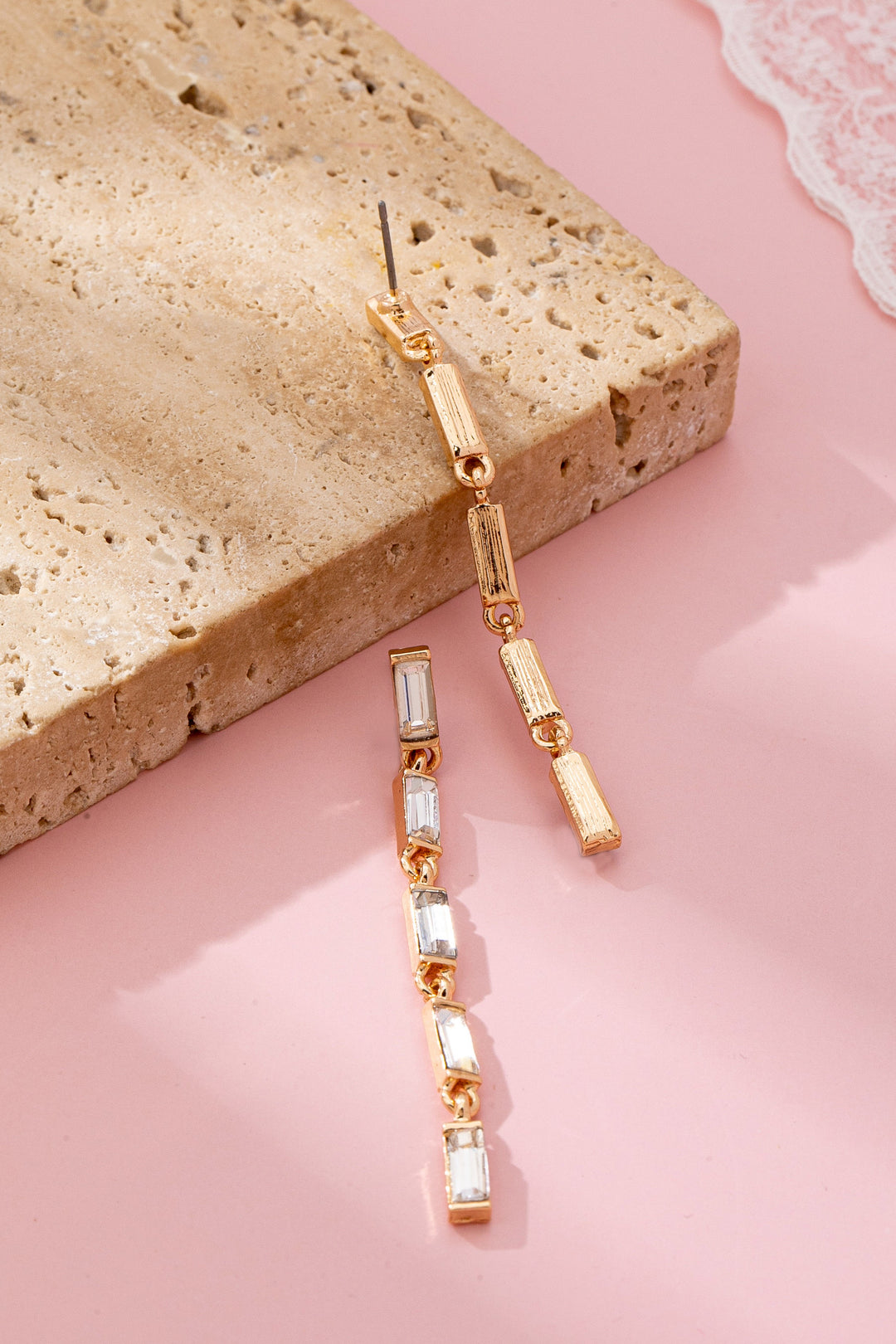 Gold Graduated Baguette Crystal Linear Drop Earrings