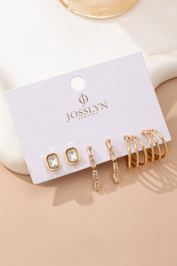 Gold Crystal 3-Pair Earring Set - Studs, Linear Drops & Triple Hoops