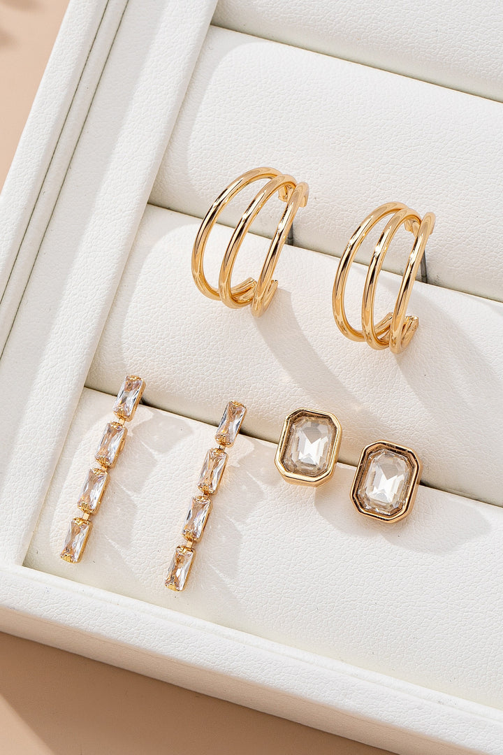 Gold Crystal 3-Pair Earring Set - Studs, Linear Drops & Triple Hoops