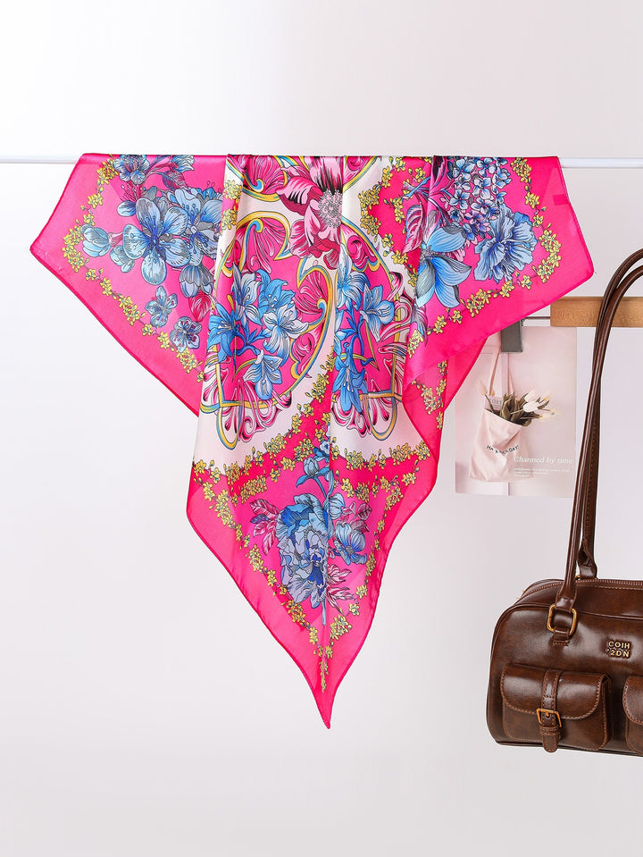 Hot Pink Botanical Medallion Square Silk-Look Scarf