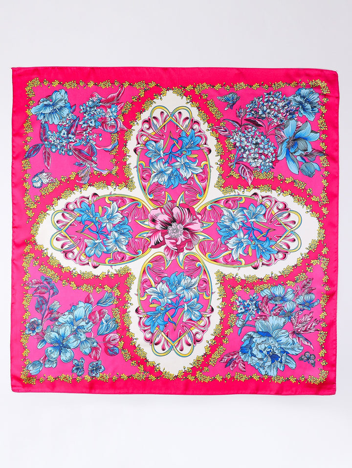Hot Pink Botanical Medallion Square Silk-Look Scarf