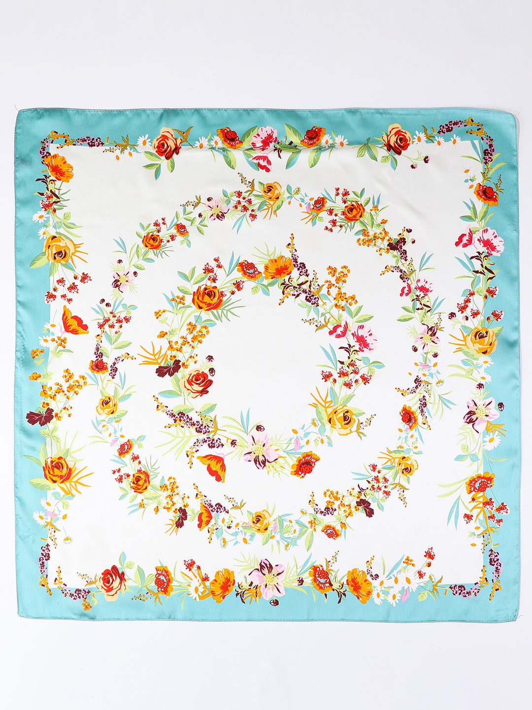 Aqua Border Botanical Wreath Square Silk-Look Scarf