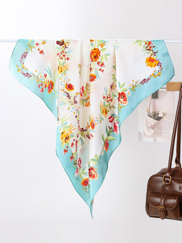 Aqua Border Botanical Wreath Square Silk-Look Scarf