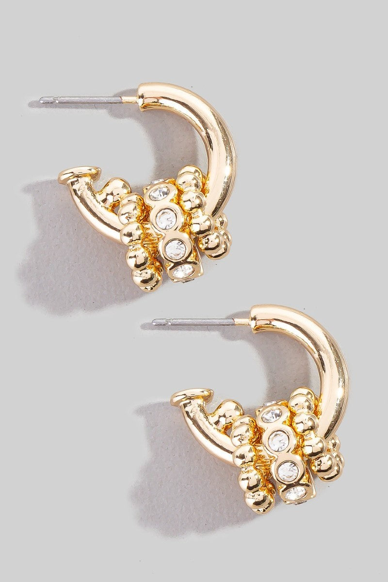 Gold Floral Beaded Charm Cluster Huggie Hoop Earrings