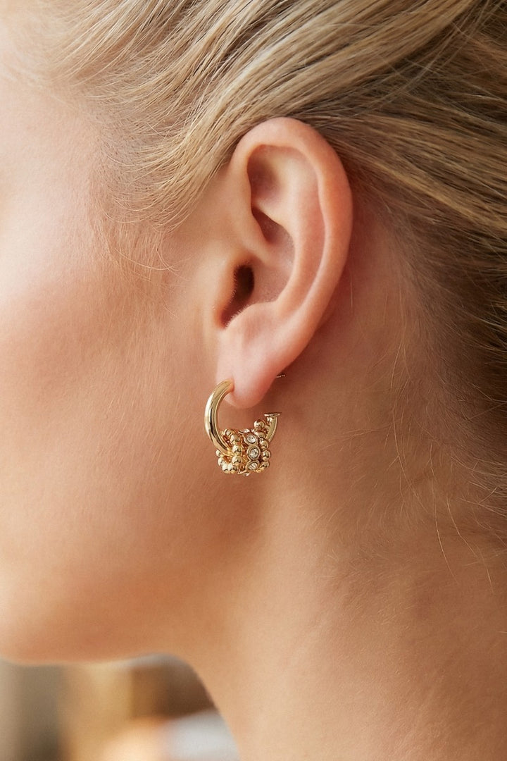 Gold Floral Beaded Charm Cluster Huggie Hoop Earrings