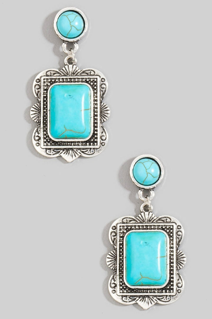 The Concho Rectangle Stone Drop Earrings in Turquoise - Product Shot on Grey Background Showing Pair of Antique Silver Rectangle Concho Drop Earrings with Turquoise Center Stones & Round Stud Posts