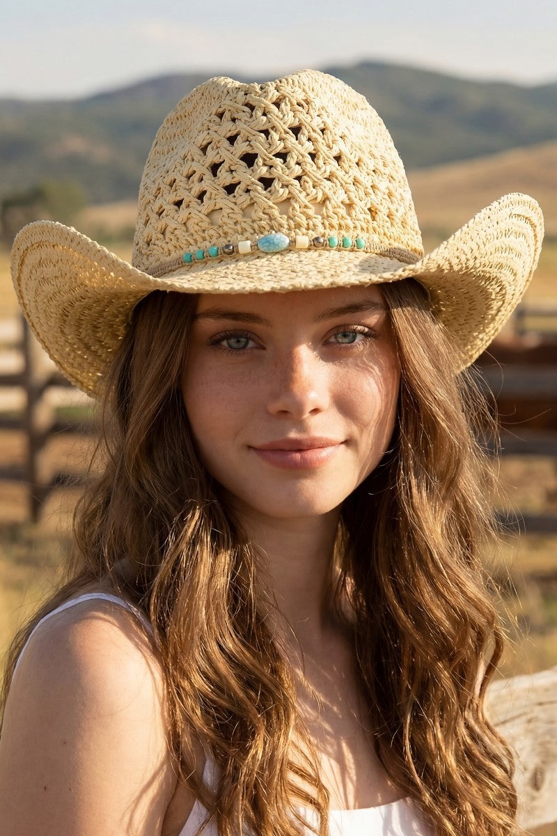The Turquoise Beaded Crochet Cowboy Hat
