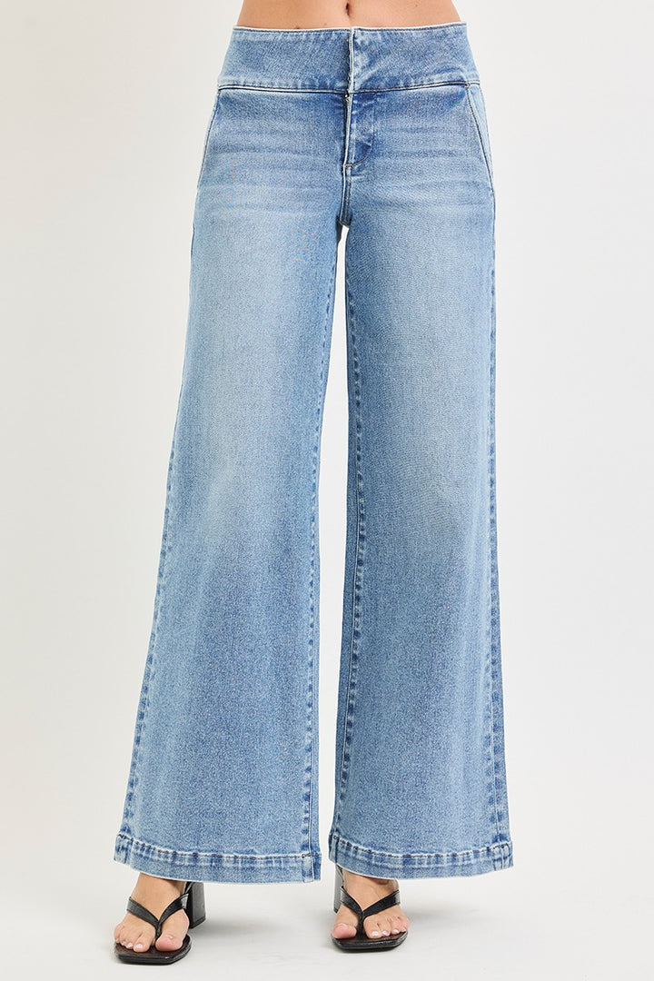 Risen Tummy Control Wide Waistband Wide Leg Jean in Light Wash — Front View on Model Against Off-White Background Showing Wide Structured Waistband, Clean Flat Front Panel & Wide Leg Silhouette with Black Block-Heel Sandals