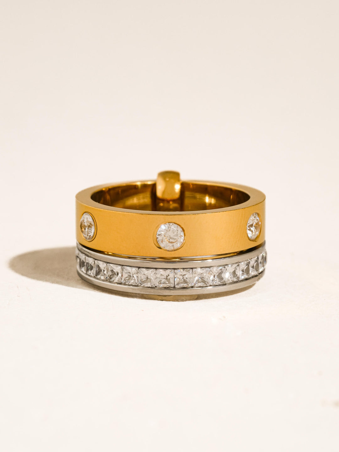 18K Gold Two-Tone CZ Screw Stud & Princess Cut Band Ring
