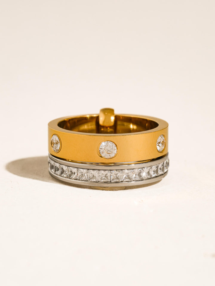 18K Gold Two-Tone CZ Screw Stud & Princess Cut Band Ring