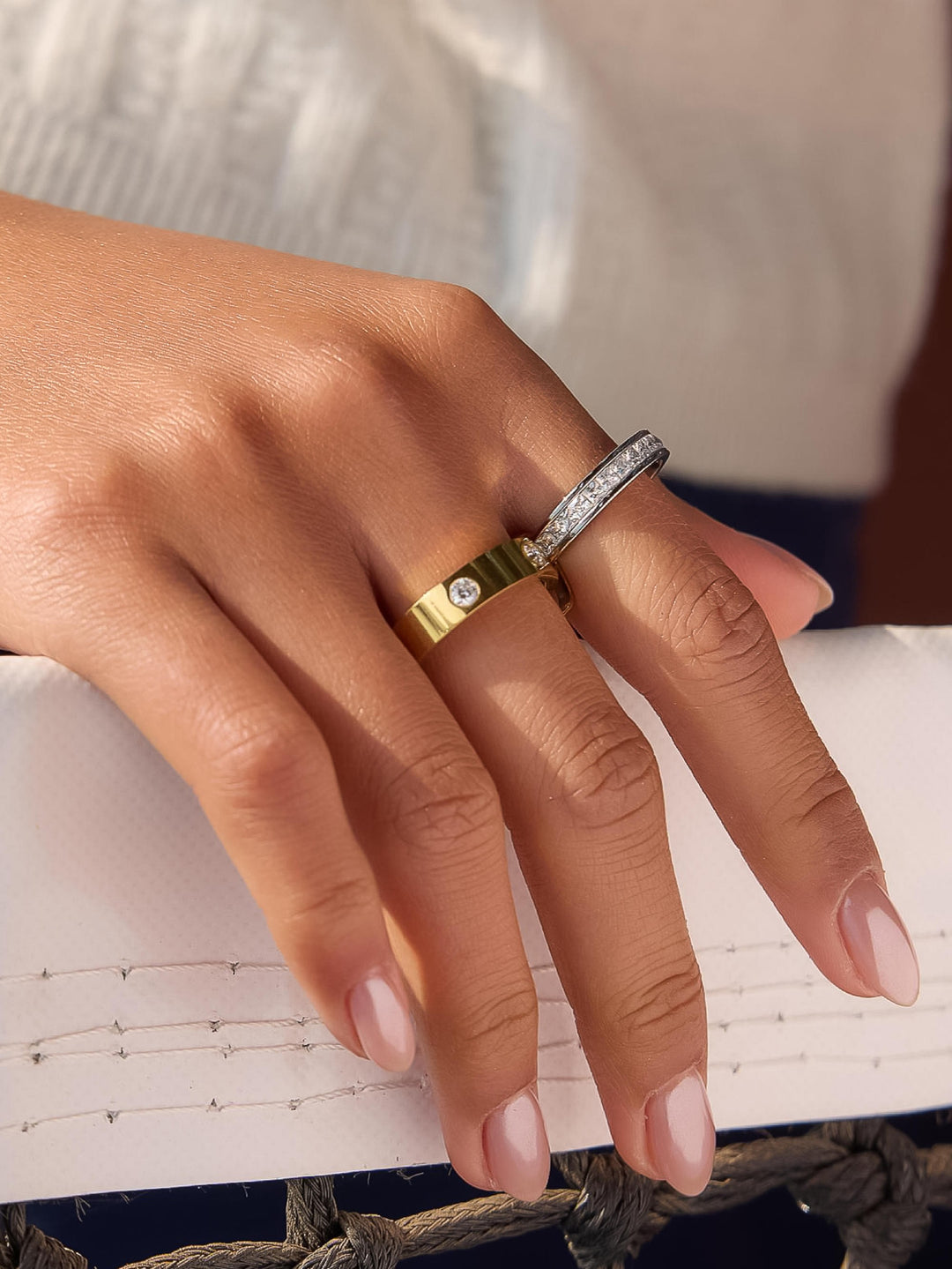 18K Gold Two-Tone CZ Screw Stud & Princess Cut Band Ring