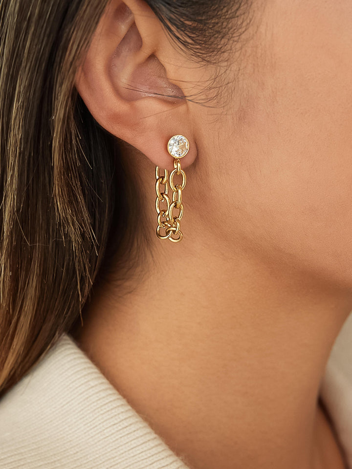 18K Gold CZ Bezel Stud Double Chain Drop Earrings