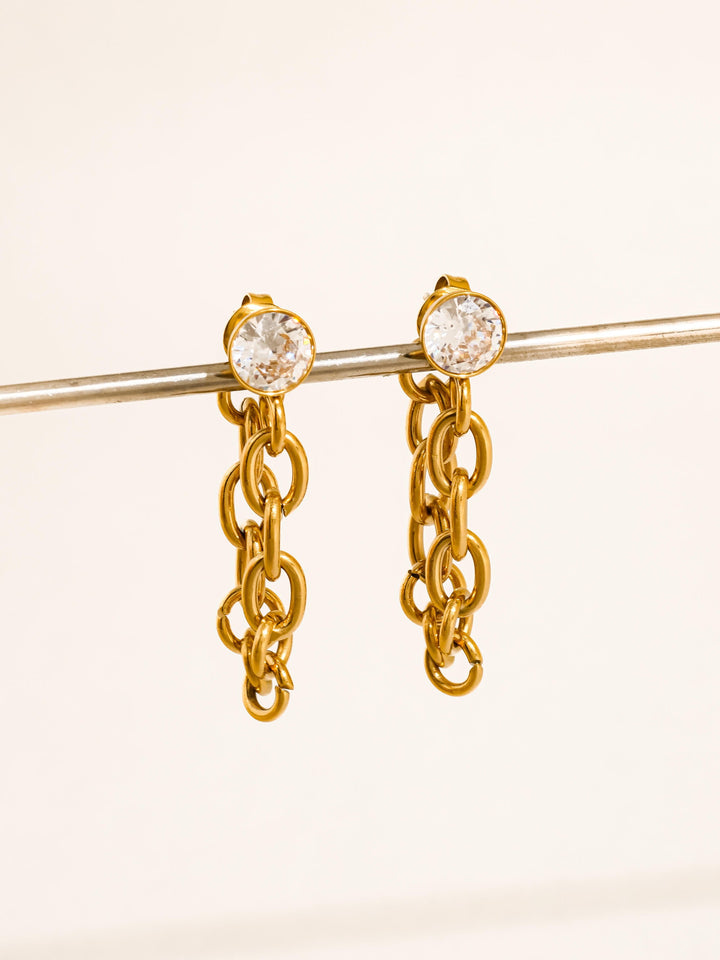 18K Gold CZ Bezel Stud Double Chain Drop Earrings