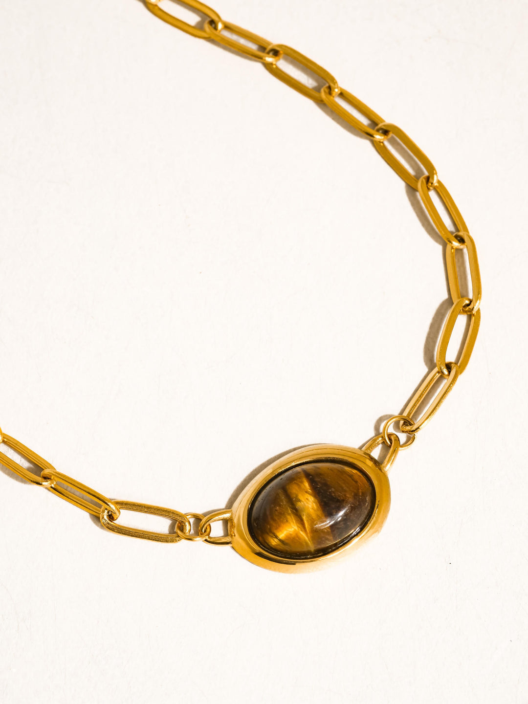 18K Gold Tiger's Eye Oval Pendant Paperclip Chain Necklace
