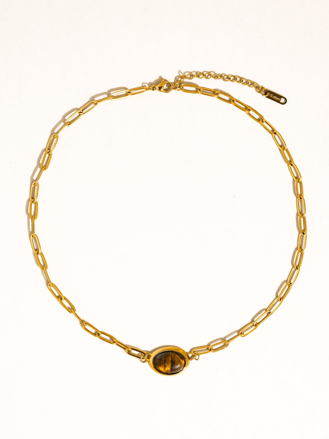18K Gold Tiger's Eye Oval Pendant Paperclip Chain Necklace