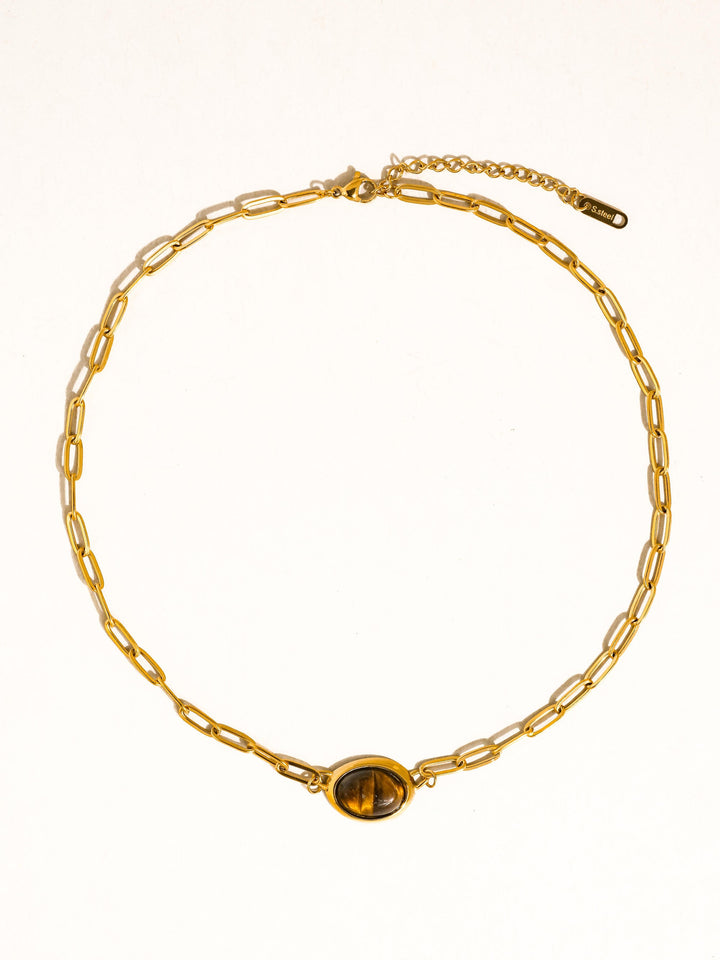 18K Gold Tiger's Eye Oval Pendant Paperclip Chain Necklace