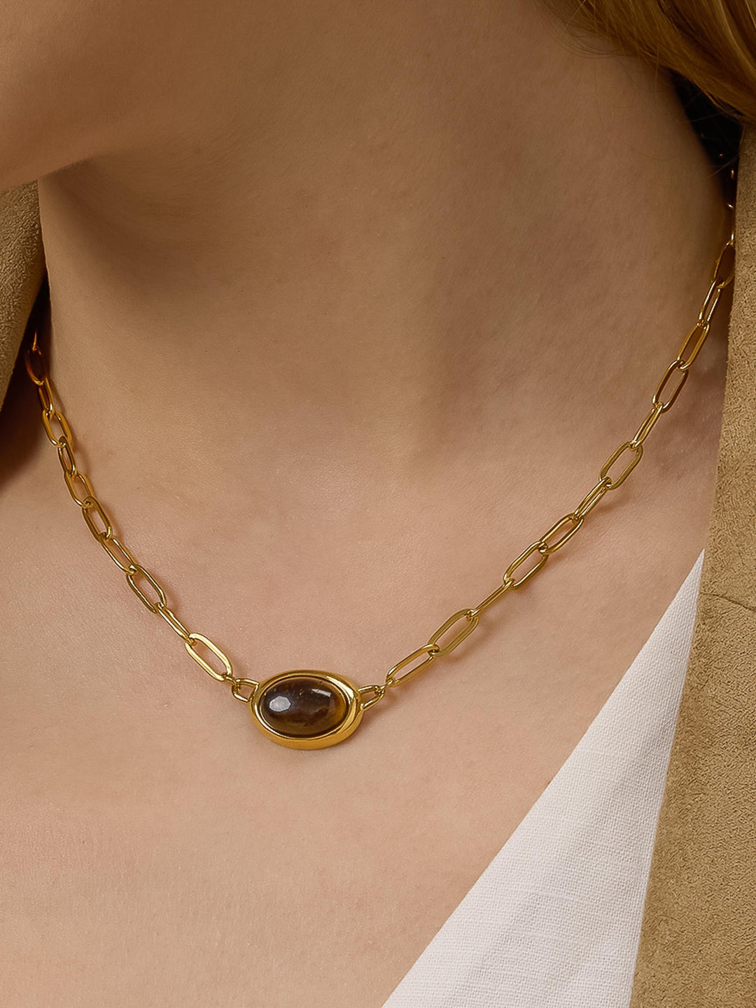 18K Gold Tiger's Eye Oval Pendant Paperclip Chain Necklace