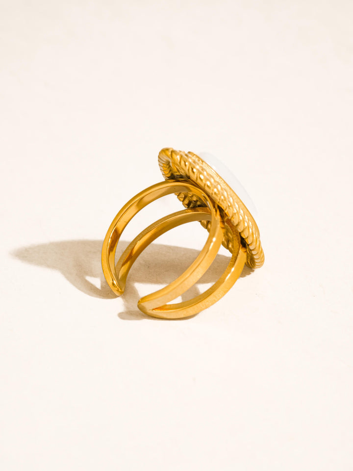 The Vintage Marquise Stone Statement Ring in 18K Gold - Product Shot on Cream Background Showing Back View of Split Double Band Construction & 18K Gold Plated Stainless Steel Base