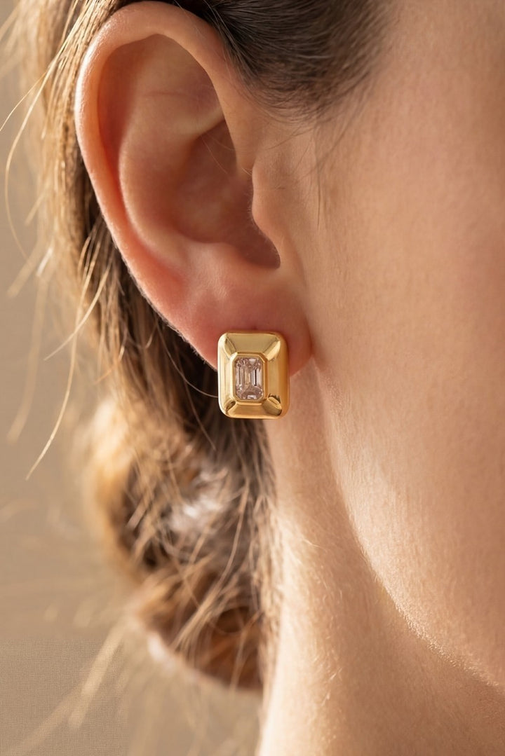 Gold Dipped Chunky Square Baguette CZ Stud Earrings