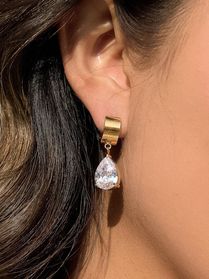 18K Gold CZ Teardrop Huggie Drop Earrings