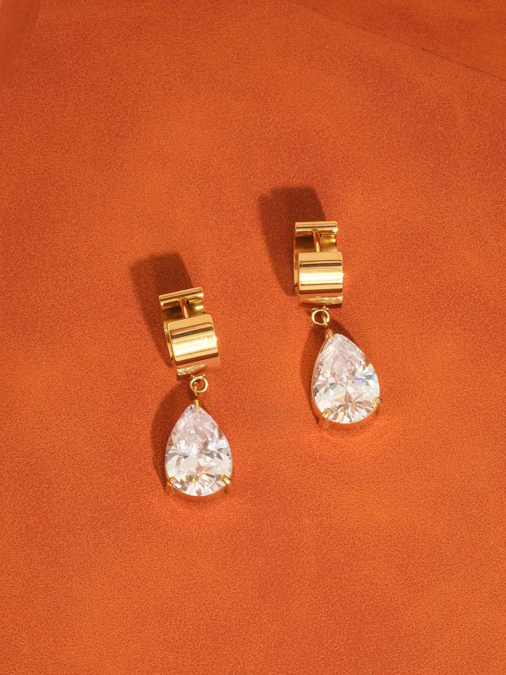 18K Gold CZ Teardrop Huggie Drop Earrings