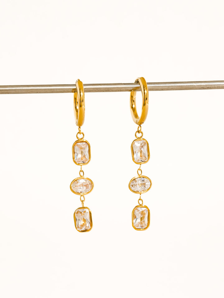 18K Gold Triple CZ Bezel Drop Huggie Earrings