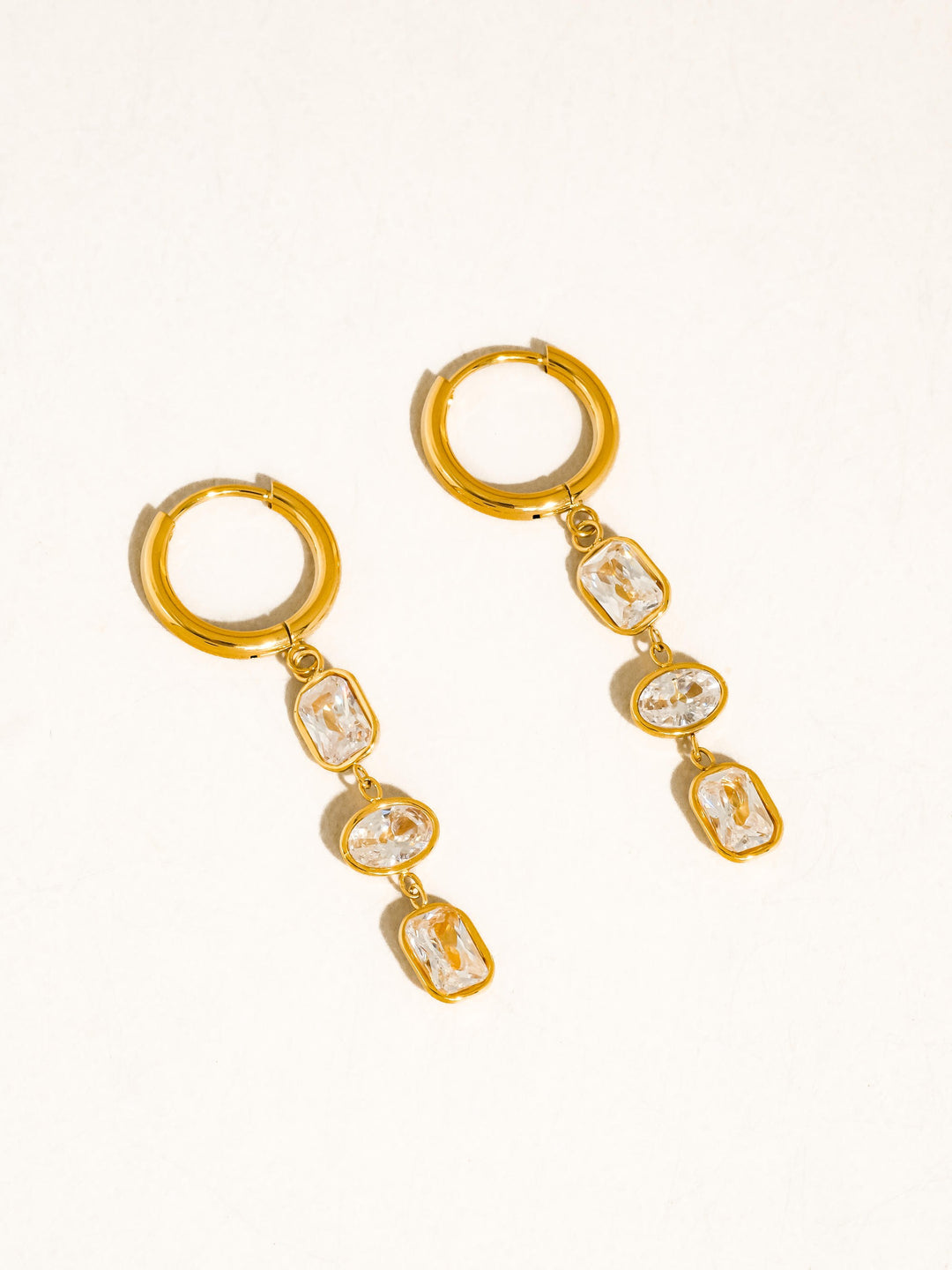 18K Gold Triple CZ Bezel Drop Huggie Earrings