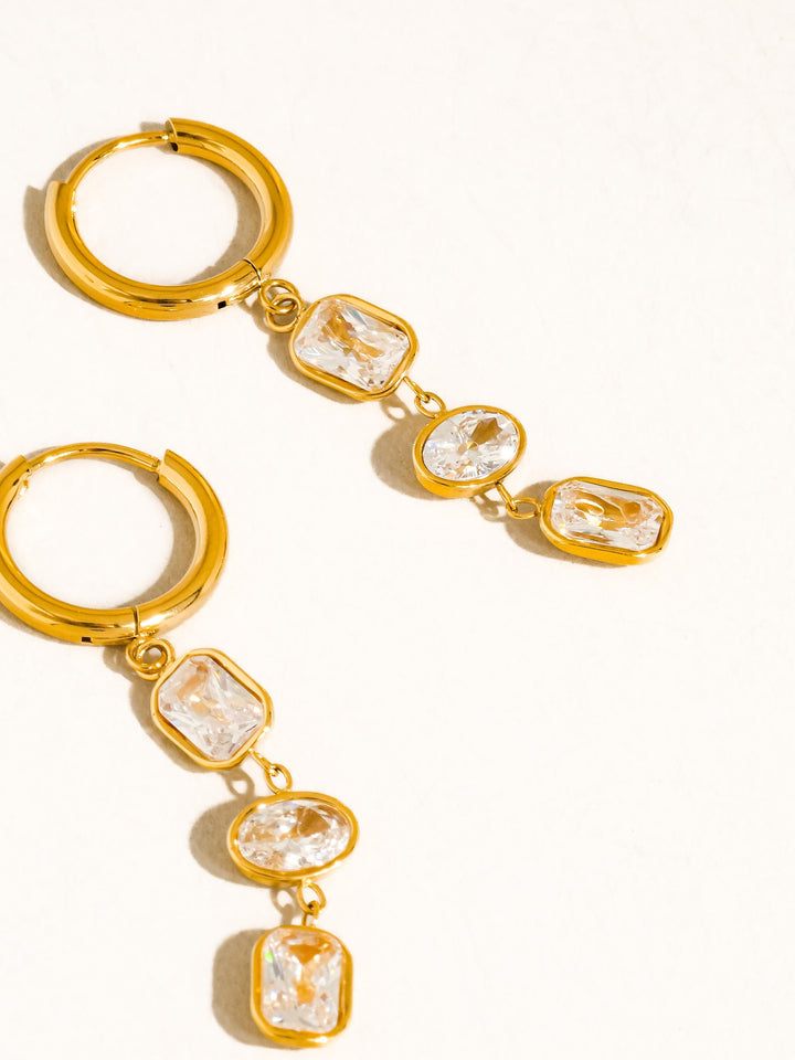 18K Gold Triple CZ Bezel Drop Huggie Earrings