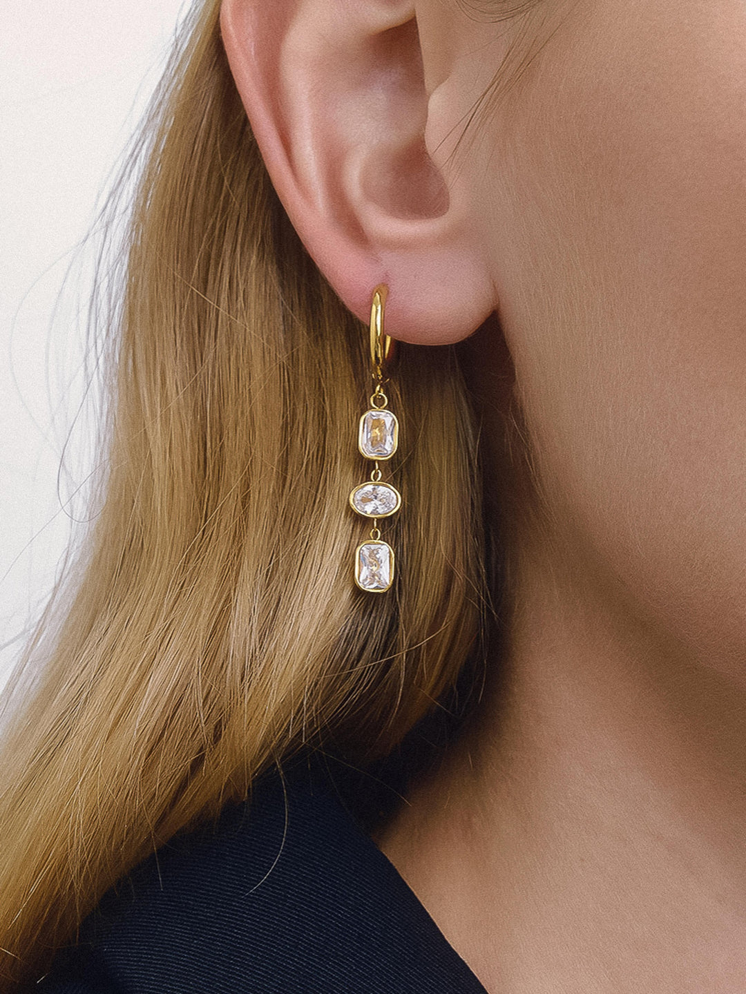 18K Gold Triple CZ Bezel Drop Huggie Earrings