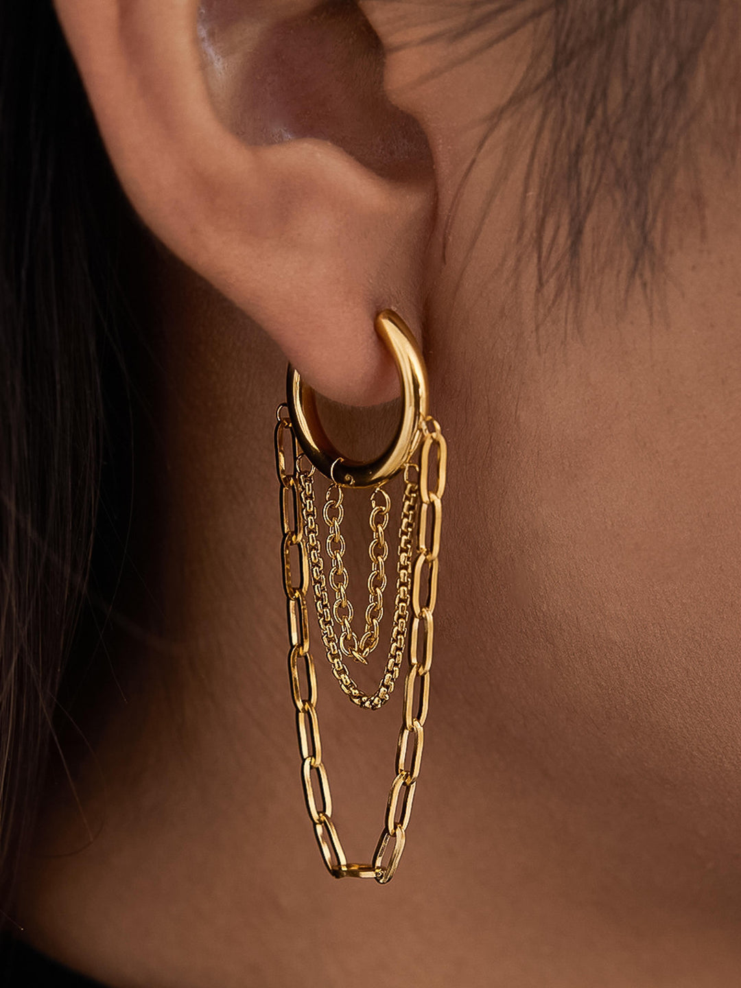 18K Gold Multi Chain Drop Hoop Earrings