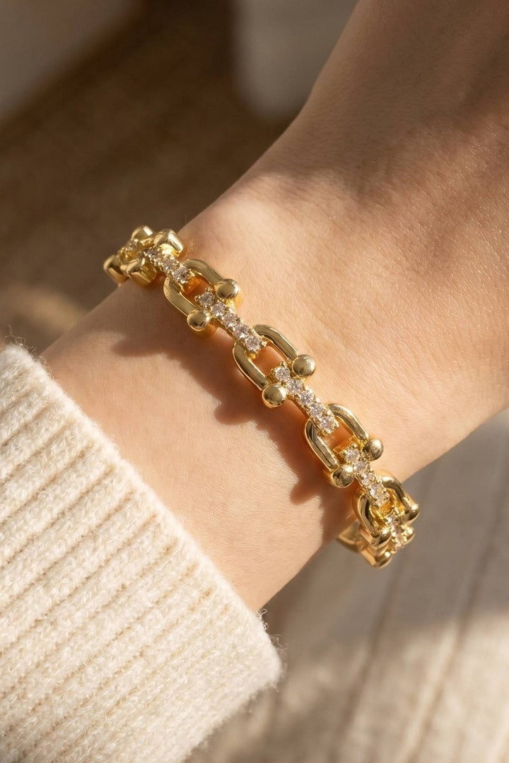 Gold Dipped CZ Pave Chain Link Hinged Bangle Bracelet