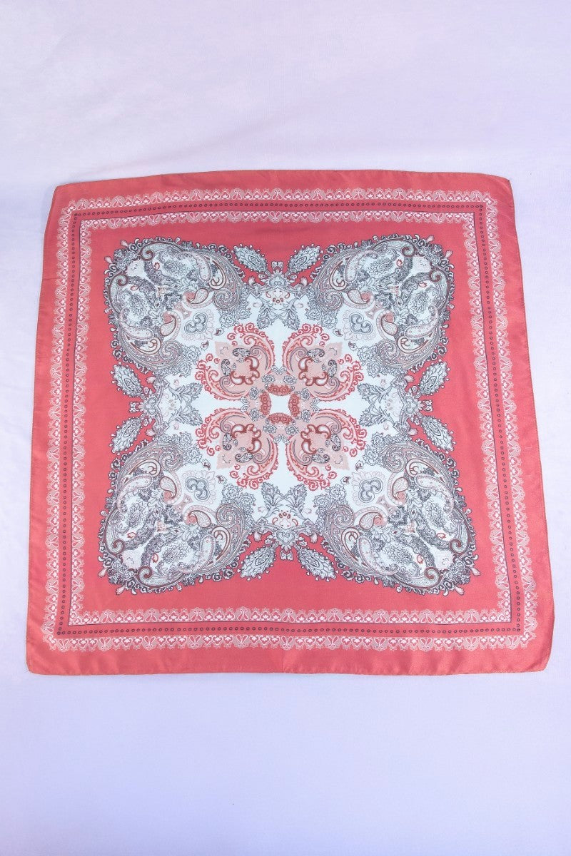 The Paisley Medallion Satin Square Scarf in Terracotta Rose - Flat Lay on White Background Showing Full Square with Ornate Mirrored Paisley Medallion Print & Terracotta Rose Border