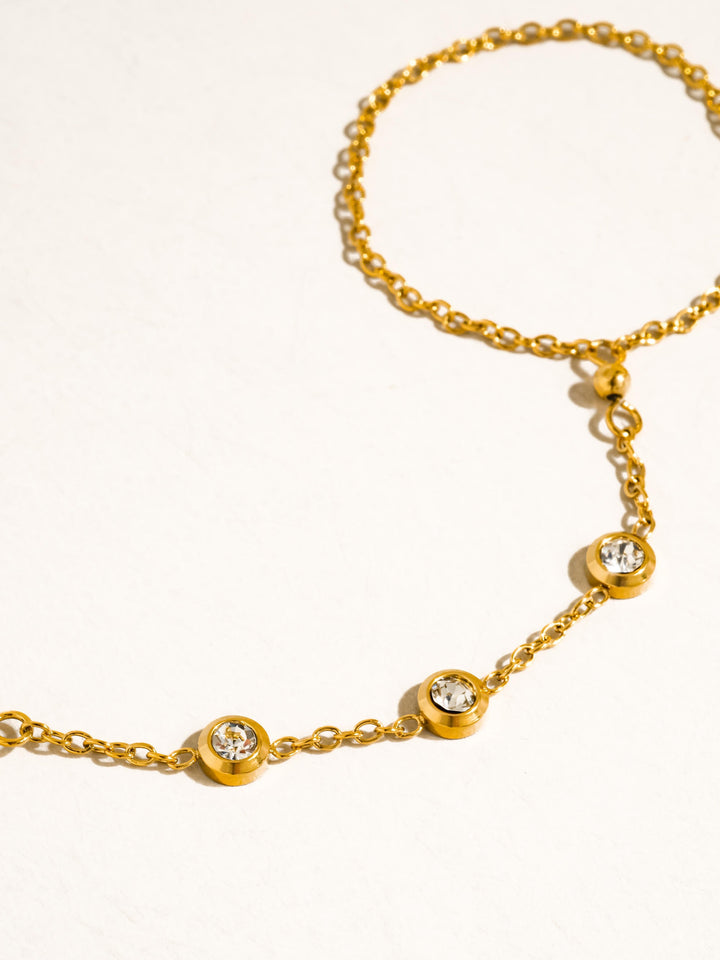 18K Gold CZ Station Hand Chain Bracelet Ring