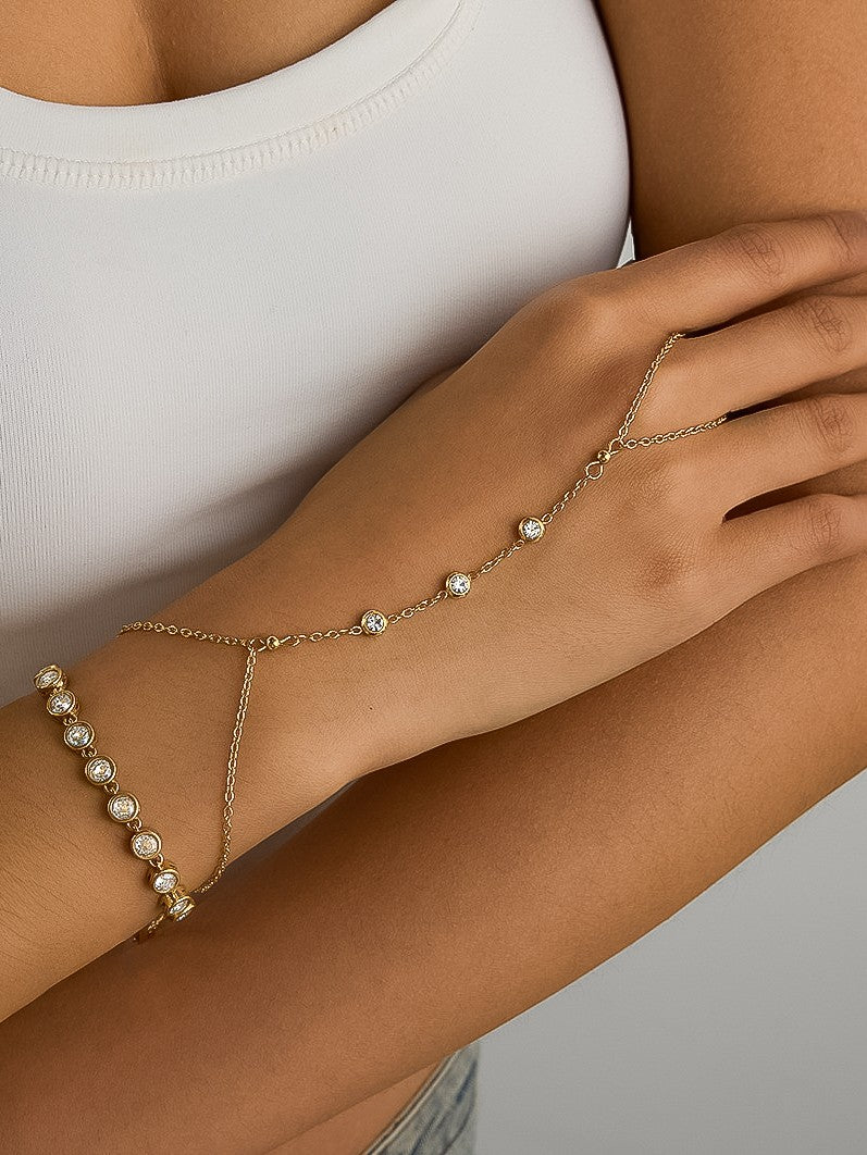 18K Gold CZ Station Hand Chain Bracelet Ring