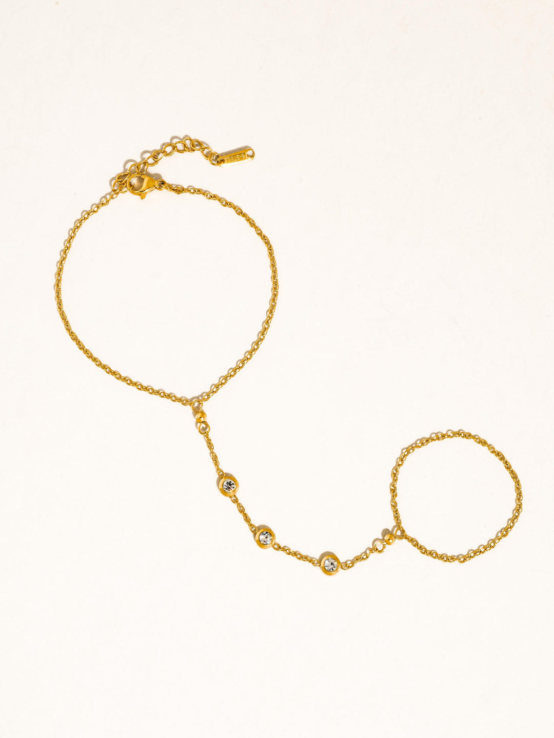 18K Gold CZ Station Hand Chain Bracelet Ring