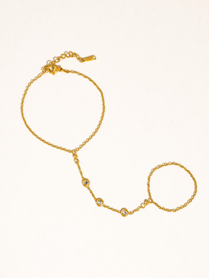 18K Gold CZ Station Hand Chain Bracelet Ring