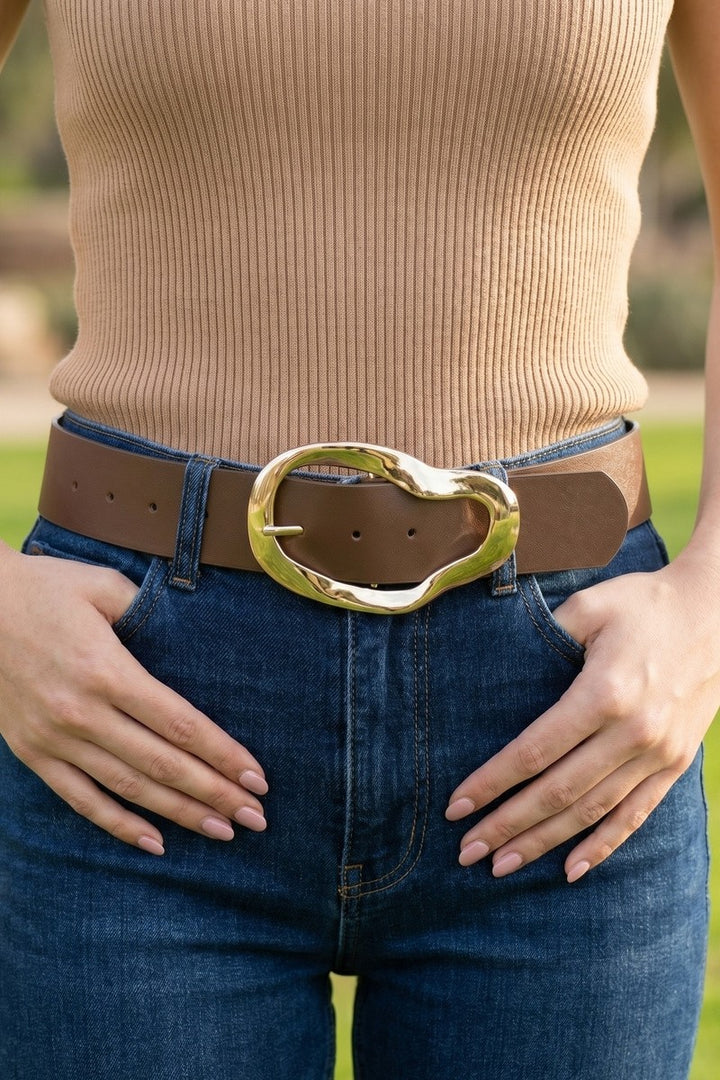 Hammered Organic Buckle Vegan Leather Belt