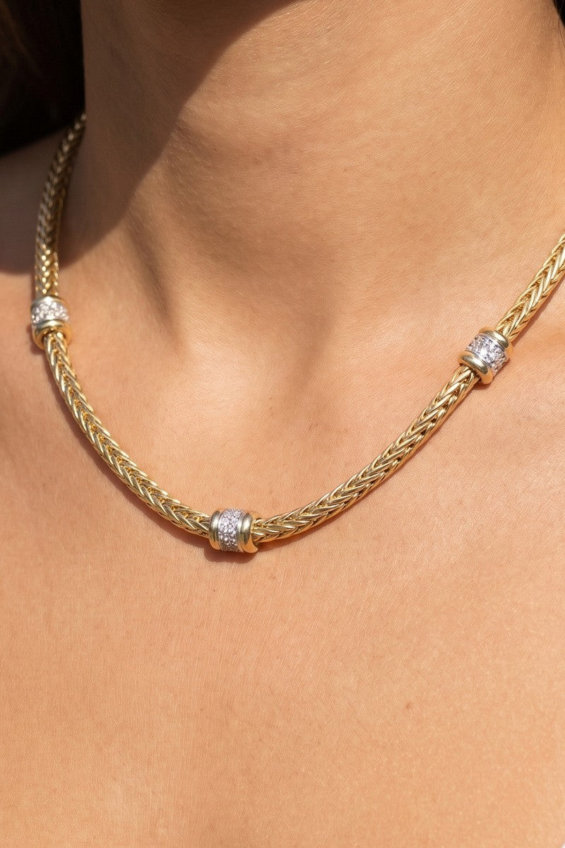 Two-Tone Triple Pavé CZ Station Wheat Chain Necklace