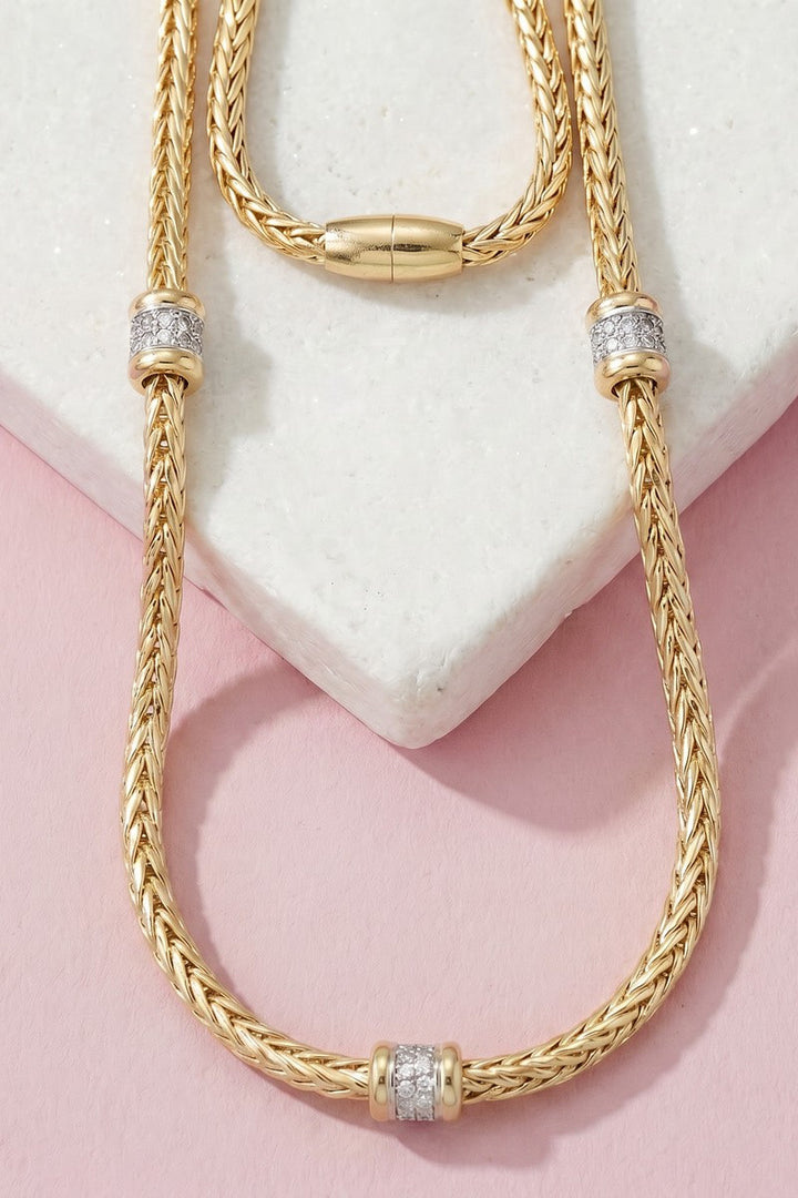 Two-Tone Triple Pavé CZ Station Wheat Chain Necklace