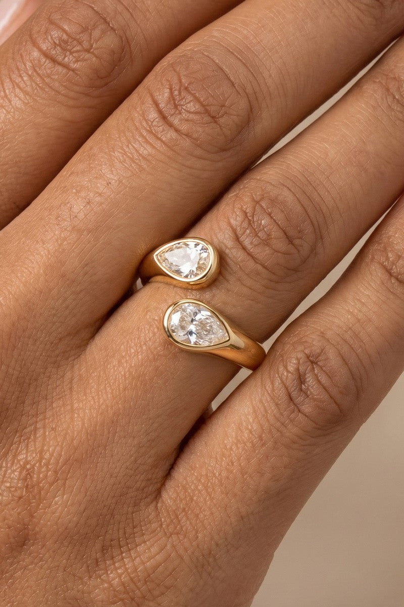 Double Pear Bezel CZ Open Ring
