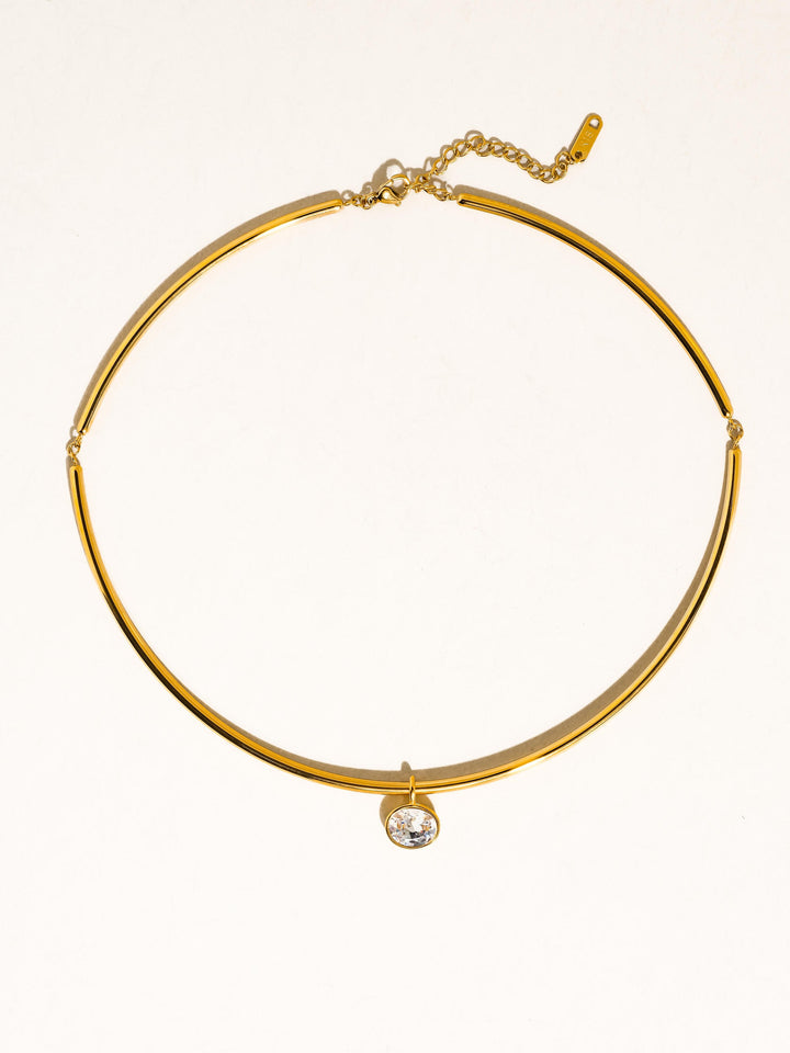 The Classic CZ Bezel Wire Choker in 18K Gold - Full Product Flat Lay on White Background Showing Complete Choker with Double-Wire Construction, Oval CZ Bezel Drop & Lobster Clasp with Extension Chain