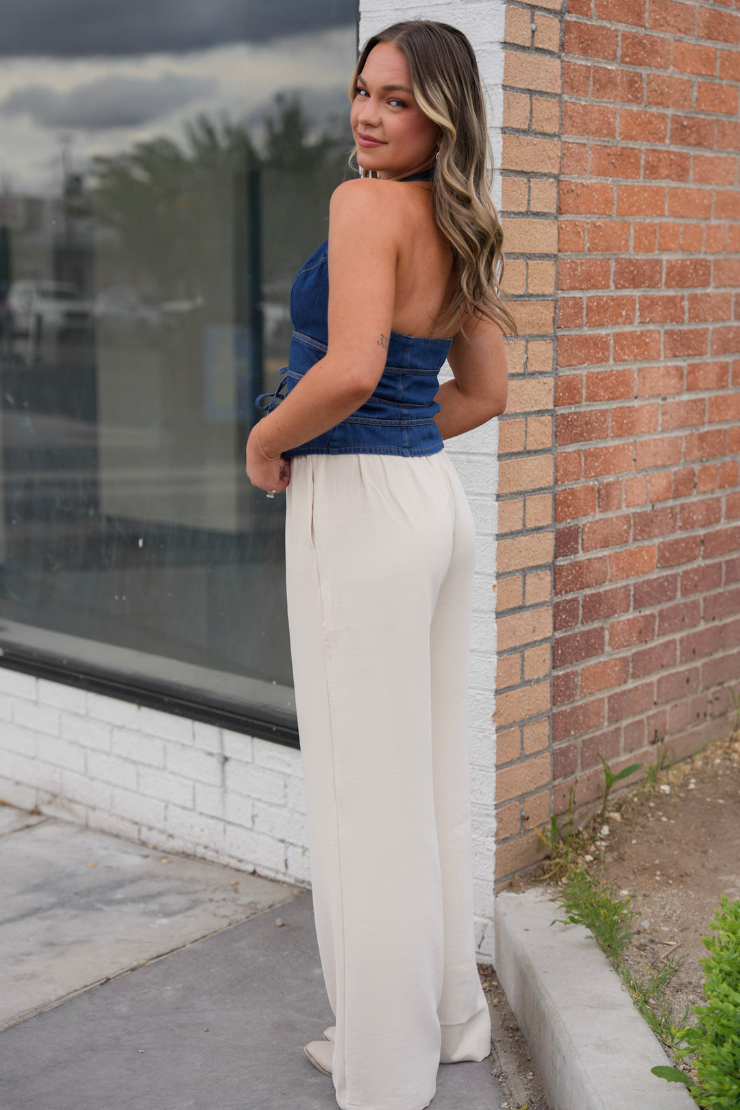 Dark Wash Lace-Up Corset Denim Halter Top