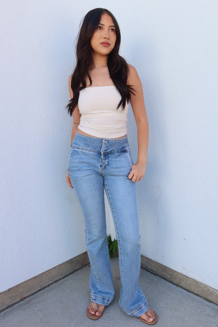 Risen Wide Waistband Flare Jeans