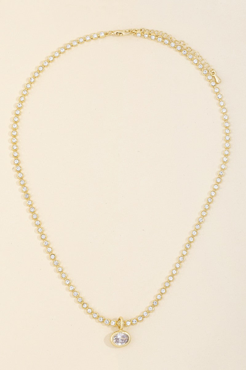 Bezel CZ Tennis Chain Oval Pendant Necklace