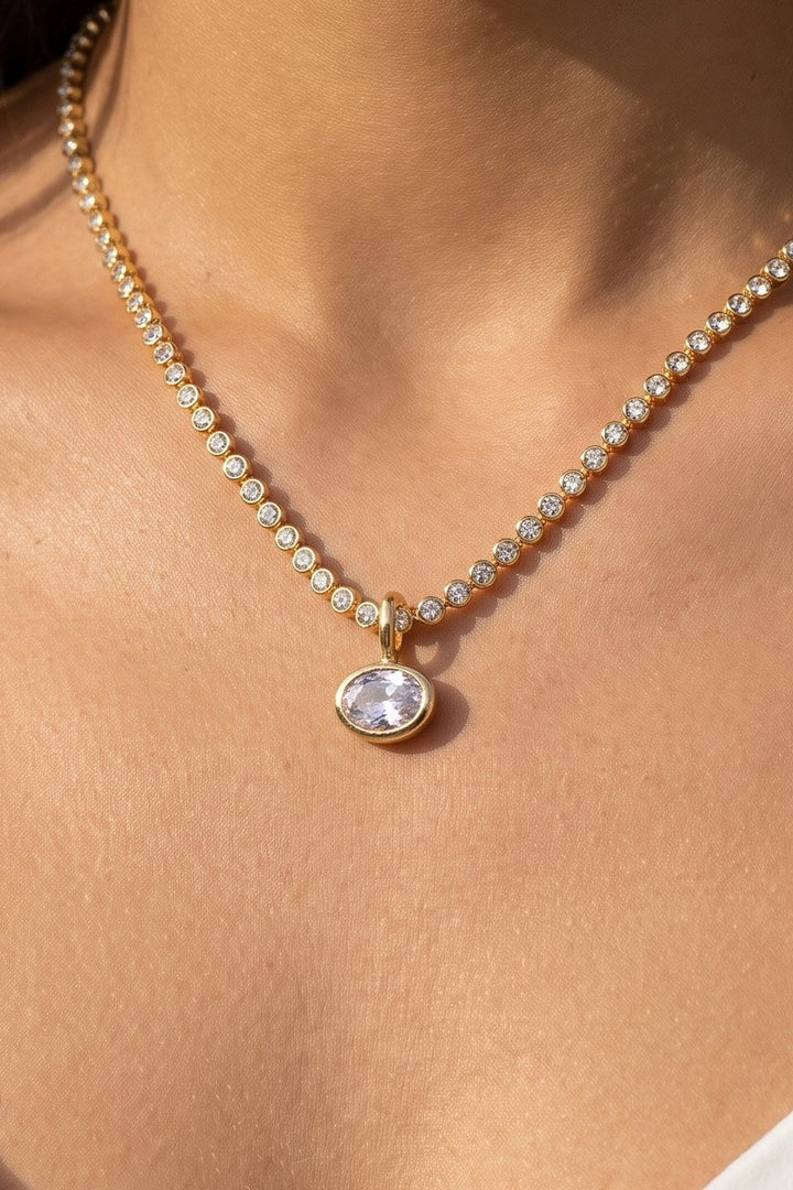 Bezel CZ Tennis Chain Oval Pendant Necklace