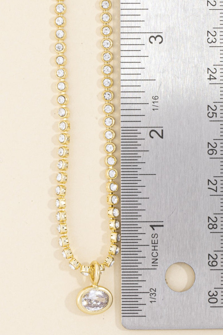 Bezel CZ Tennis Chain Oval Pendant Necklace