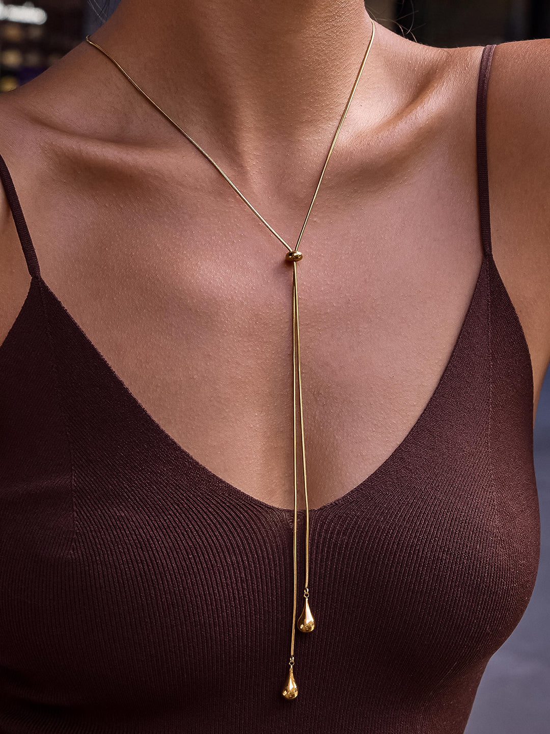 18K Gold Adjustable Lariat Teardrop Drop Necklace