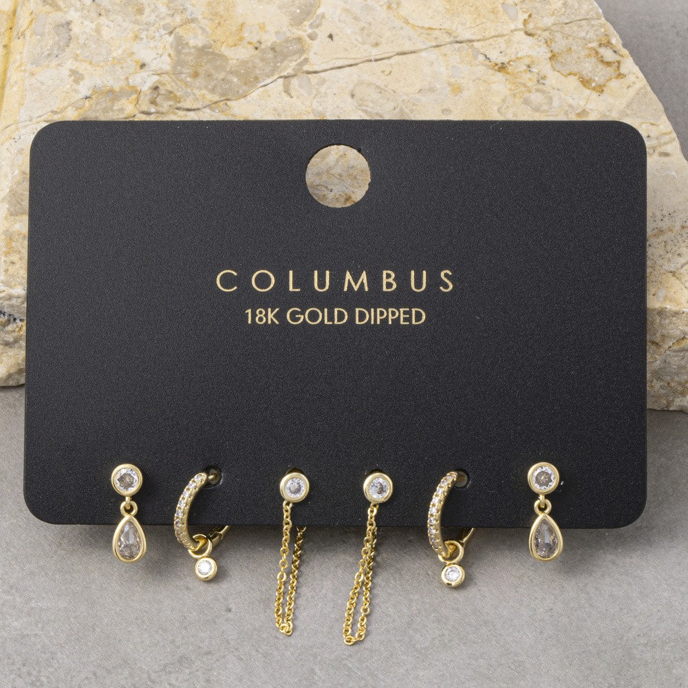 18K Gold Dipped CZ Drop and Huggie Earring Set